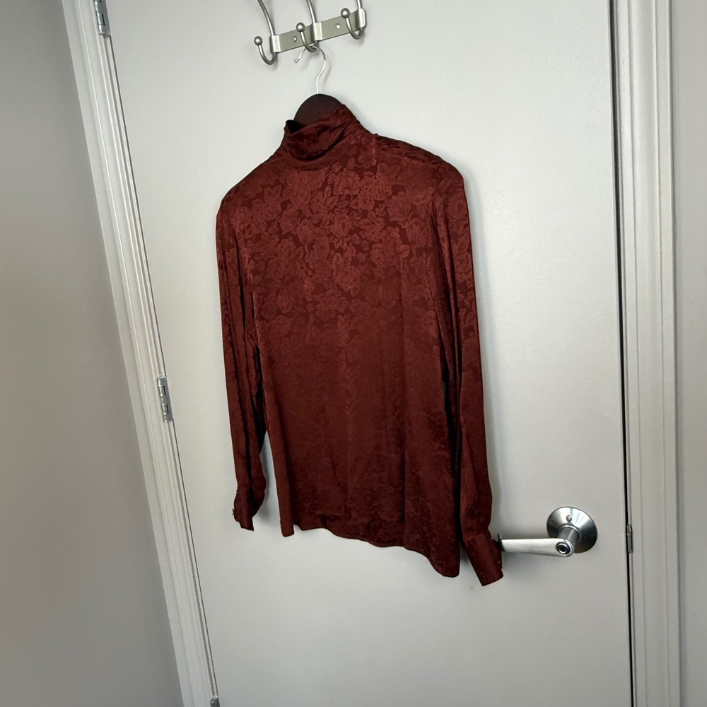 Anne Klein II Blouse Women 8 Burgundy Silk Floral Jacquard Mock Neck Vintage - Picture 6 of 13
